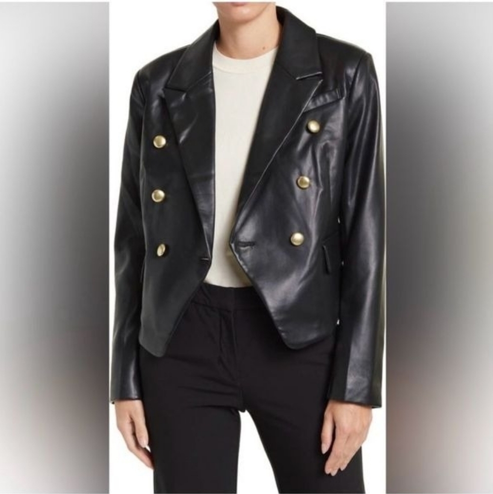 AVEC LES FILLES Double Breasted Faux Leather Blazer In Black